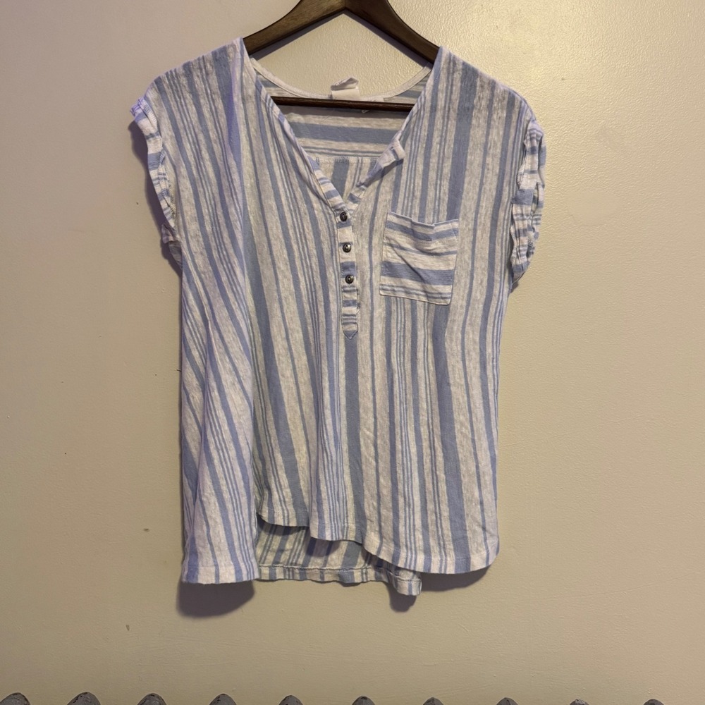 C&C California Striped Linen Blend V Neck Henley Shirt Blue White Womens Medium